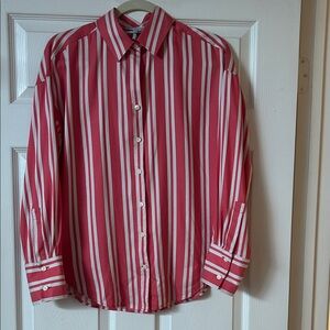 Women's Pink and White Striped Button-Up Shirt